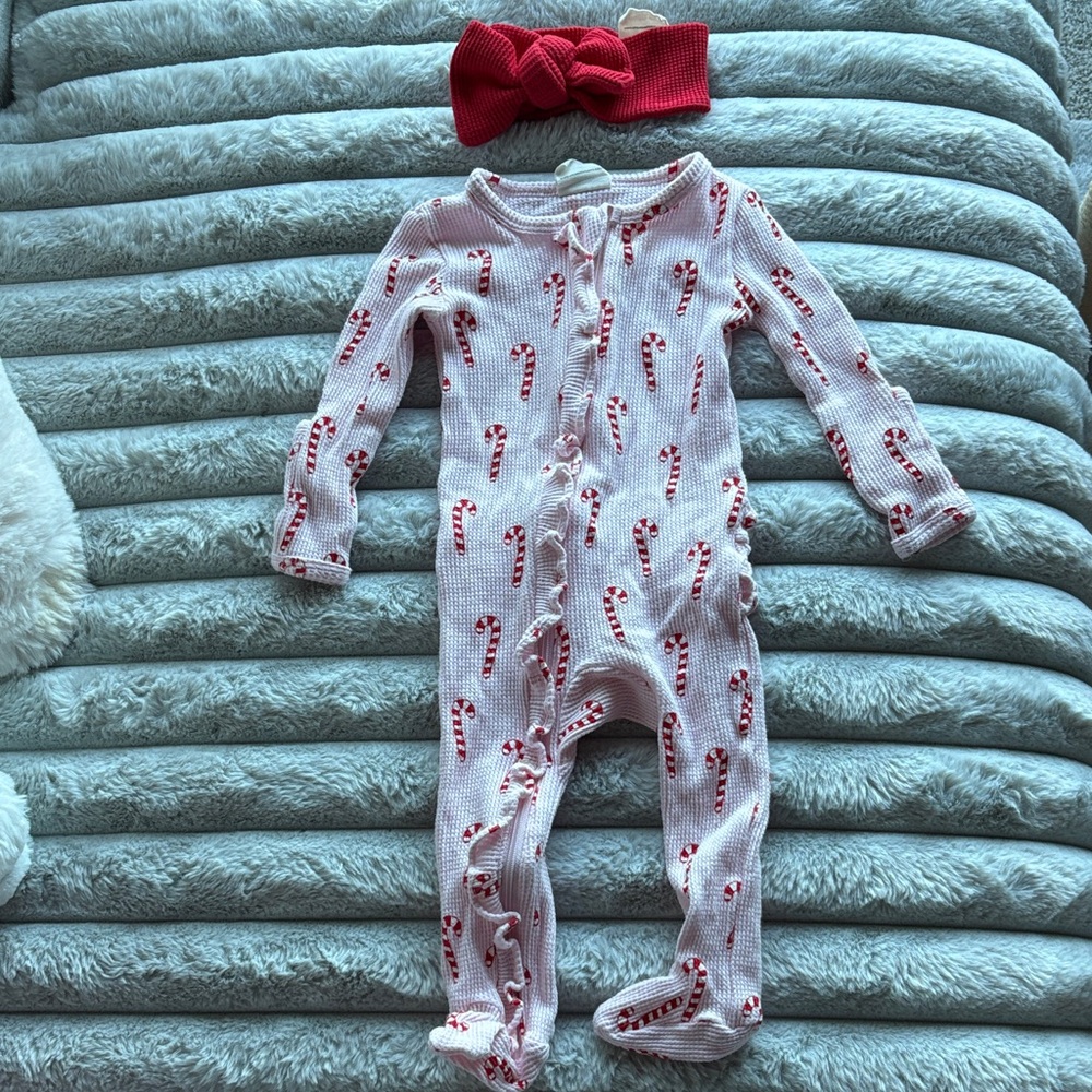 Festive Candy Cane Kids Footie with Red Headband
